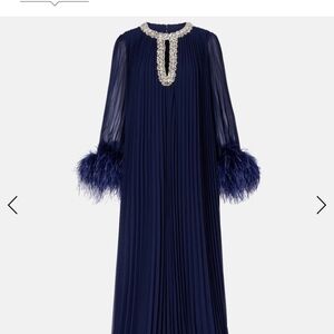 Elegant Navy Blue Gown with Feather Cuffs